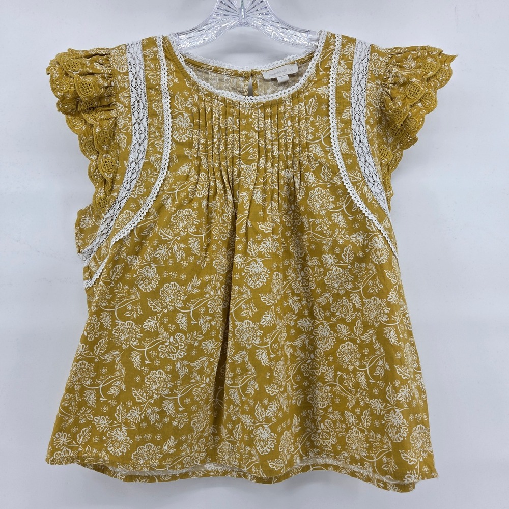 Mustard Floral Lace-Trim Flutter Sleeve Blouse